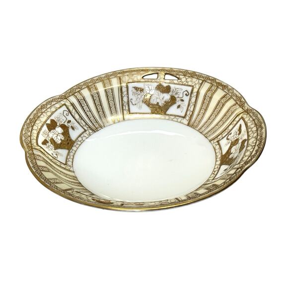 Vintage Noritake Oval Vegetable Bowl Metallic Gold White Leaves 8” Diameter - Picture 1 of 8